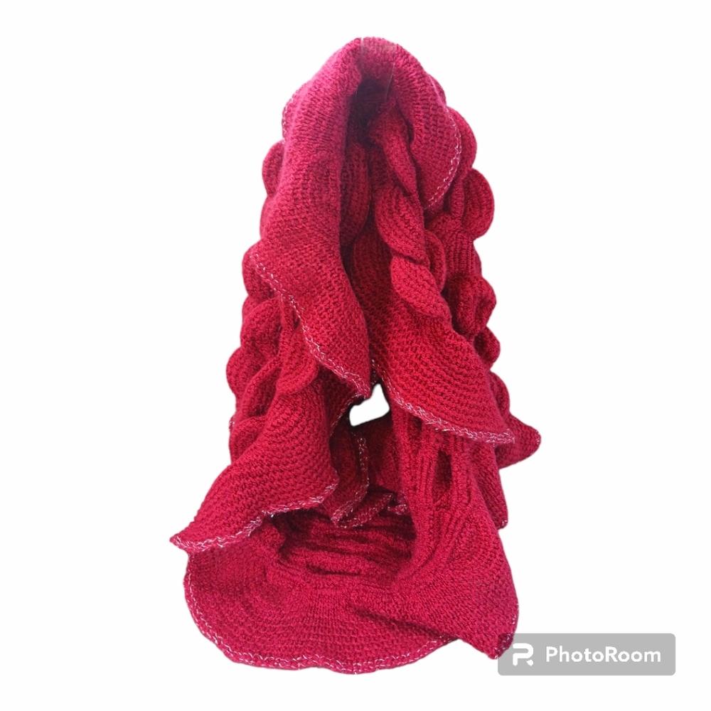 Knit Infinity Scarf Women's One Size Red Silver Metallic Ruffled Textured